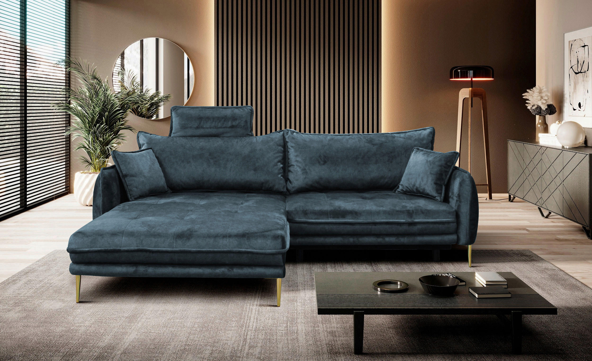 ECKSOFA in Velours Blau  196/264 cm  - Blau/Goldfarben, Design, Textil/Metall (196/264cm) - MID.YOU