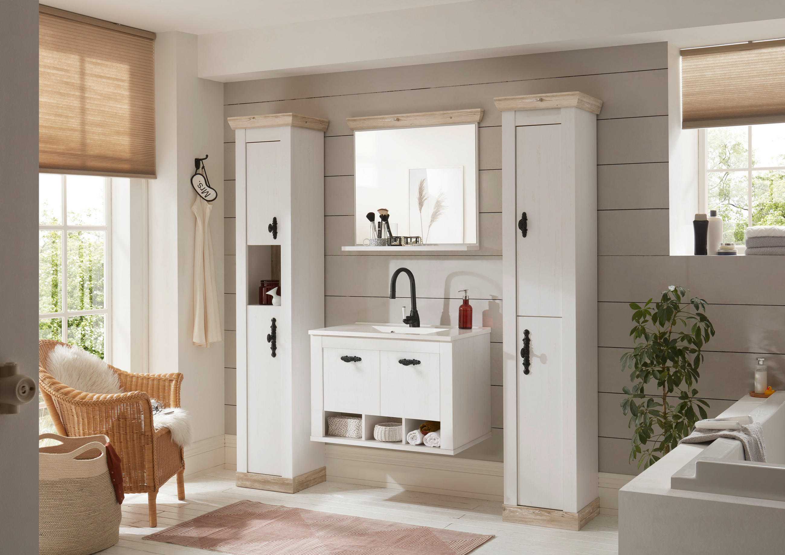 Thumbnail - Mid.you Badezimmer, Pinien, Metall, 4-teilig, 11 Fächer, 205x200x46 cm, hängend, stehend, Typenvielfalt, Spiegel mit Abl...