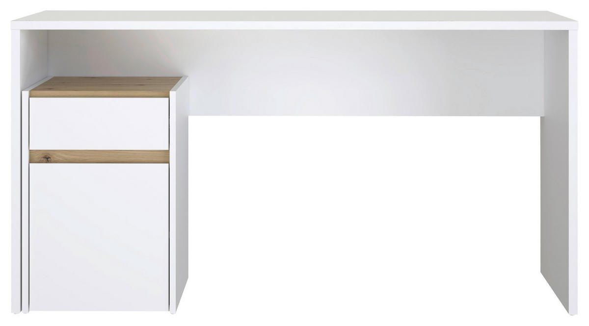 PISALNA MIZA umetna masa, leseni material bela, barve hrasta  - barve hrasta/bela, Moderno, umetna masa/leseni material (140/72,7/52,7cm) - Carryhome