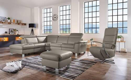 ECKSOFA in Echtleder Graubraun  - Graubraun/Alufarben, Design, Leder/Metall (239/271cm) - Cantus