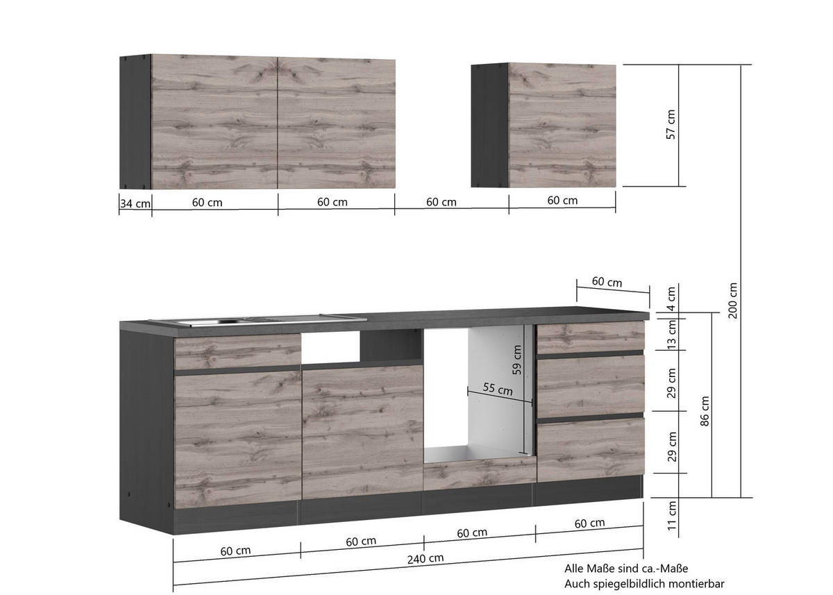 KÜCHENLEERBLOCK 240 cm   in Grau, Eiche Wotan  - Eiche Wotan/Grau, Design, Holzwerkstoff (240cm) - Held