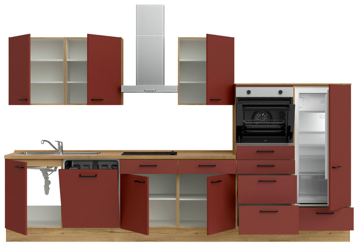 KÜCHENBLOCK 360 cm   in Eichefarben, Dunkelrot  - Eichefarben/Schwarz, MODERN, Holzwerkstoff/Metall (360cm) - Nobilia