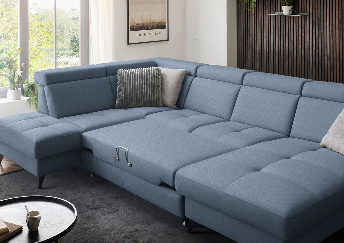 WOHNLANDSCHAFT Flachgewebe Blau  - Blau/Schwarz, Konventionell, Textil/Metall (215/333/174cm) - Beldomo System