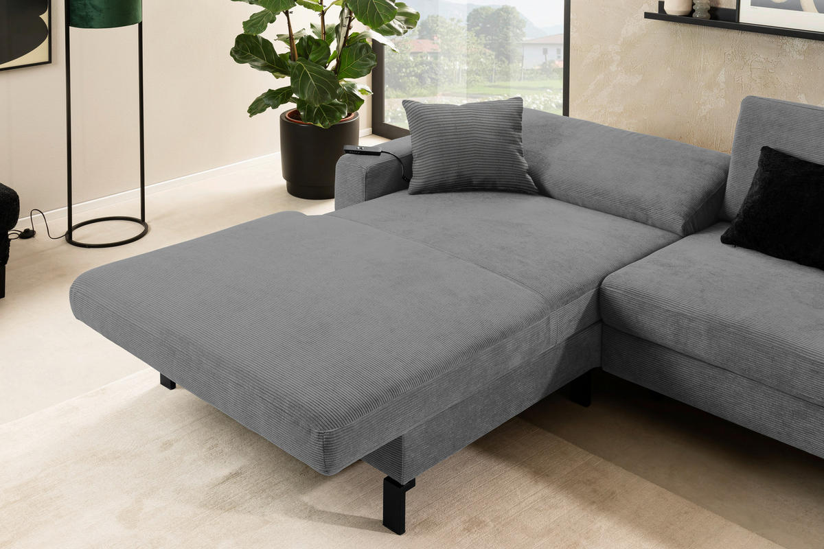 ECKSOFA in Cord Grau  185/298 cm  - Schwarz/Grau, Design, Textil/Metall (185/298cm) - Pure Home Lifestyle