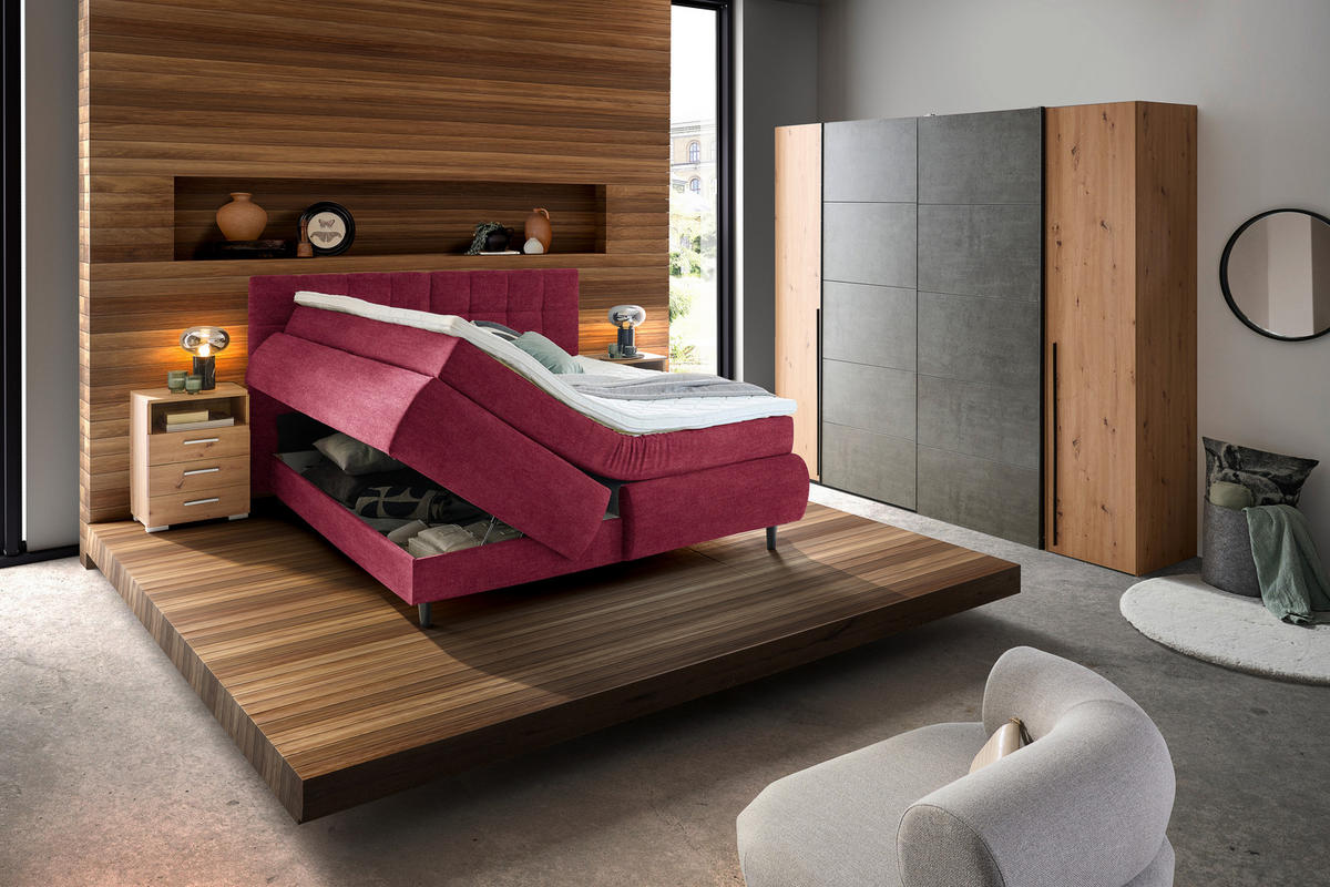 BOXSPRINGBETT 180/200 cm  in Weinrot  - Weinrot/Schwarz, KONVENTIONELL, Holz/Textil (180/200cm) - Ti'me