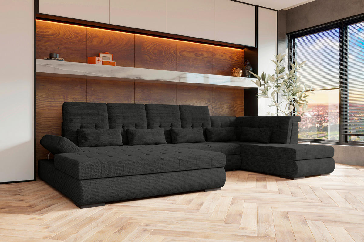 WOHNLANDSCHAFT Graphitfarben Struktur  - Schwarz/Graphitfarben, KONVENTIONELL, Kunststoff/Textil (212/358/222cm) - Carryhome