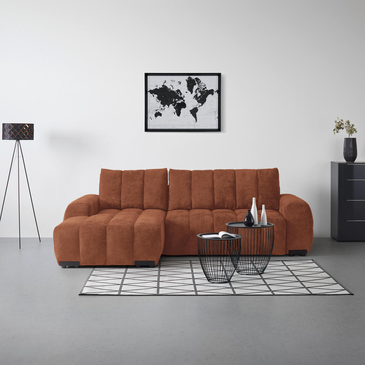 ECKSOFA Flachgewebe Terracotta  - Schwarz Hochglanz/Terracotta, Modern, Textil/Metall (166/93/273cm) - MID.YOU