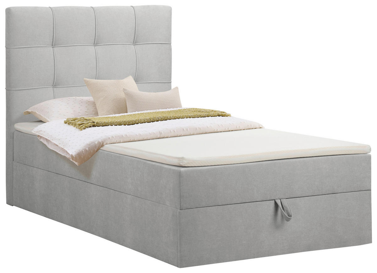 BOXBETT 100/200 cm,  in Hellgrau, Matratze, gepolstertes Kopfteil, Bettkasten, Topper, H3 = fest  - Hellgrau/Schwarz, Basics, Kunststoff/Textil (100/200cm) - Chameo