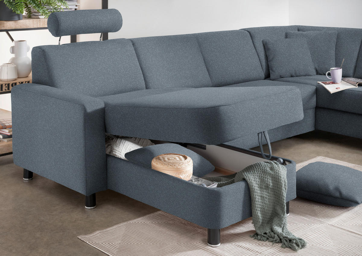 WOHNLANDSCHAFT in Webstoff Blaugrau  - Blaugrau/Schwarz, Design, Holz/Textil (165/296/198cm) - Xora