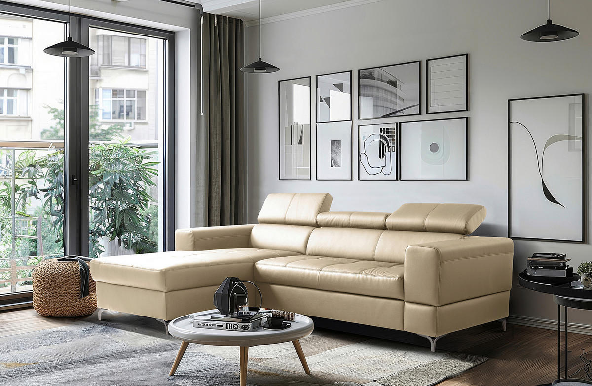 ECKSOFA Hellgrau Echtleder Lederlook  - Hellgrau/Schwarz, Design, Leder/Textil (173/247cm) - Livetastic