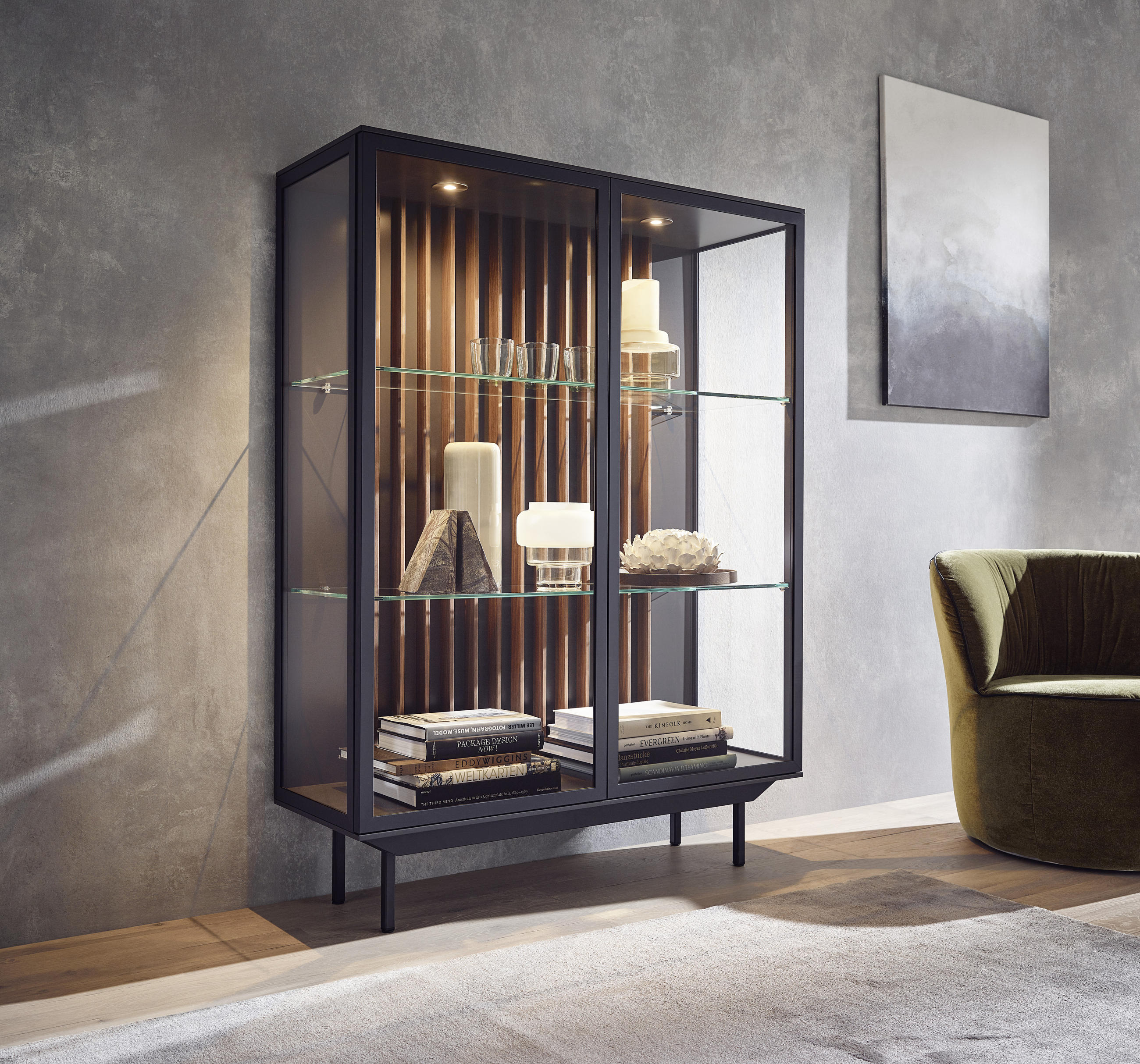 HIGHBOARD Nussbaum furniert Anthrazit, Nussbaumfarben - Anthrazit/Nussbaumfarben, Design, Glas/Holz (105/128/37cm) - Ambiente