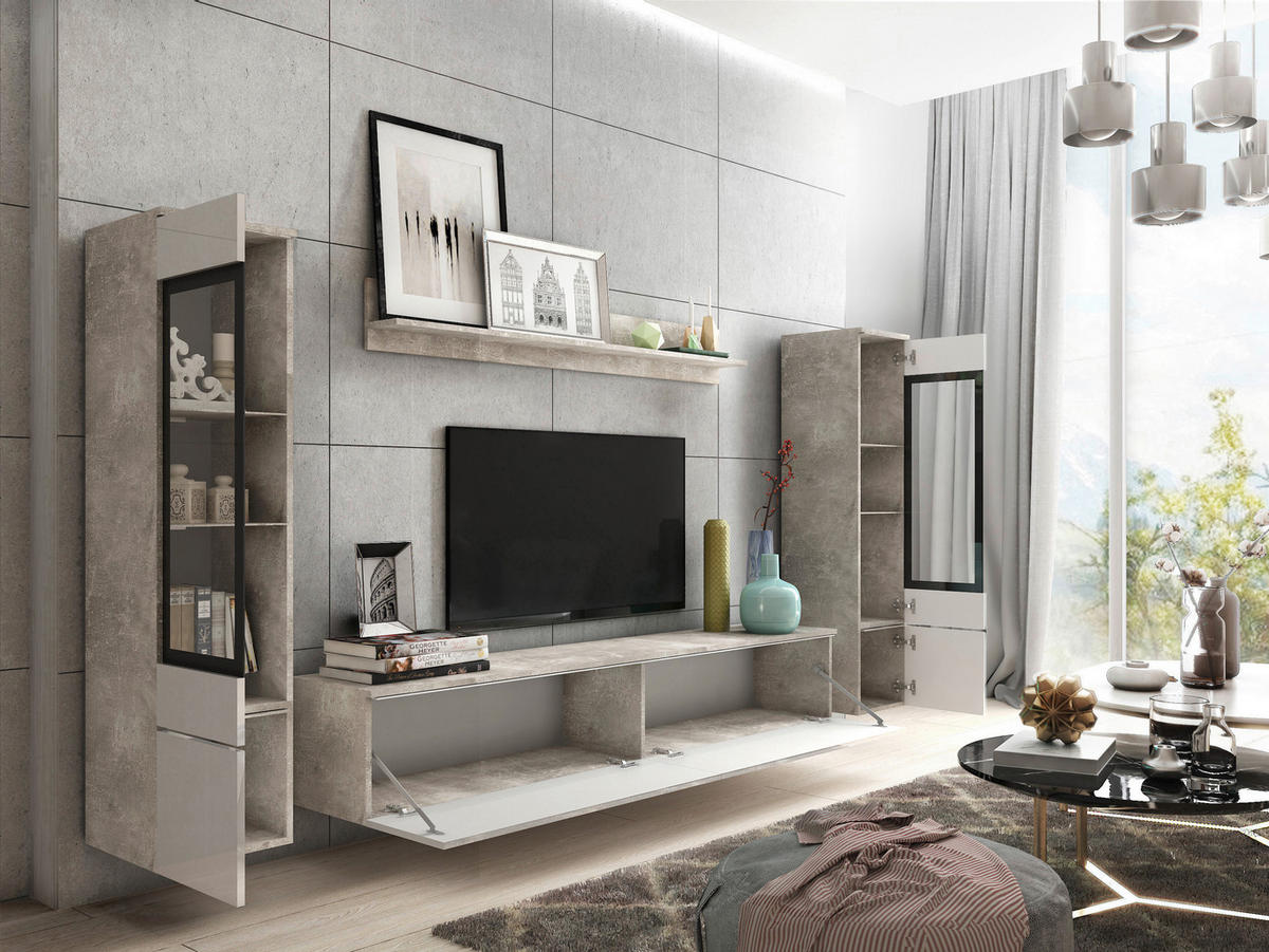 OBÝVACIA STENA, biela s vysokým leskom, sivá - sivá/biela s vysokým leskom, Lifestyle, kompozitné drevo/plast (240/130/33cm) - P & B