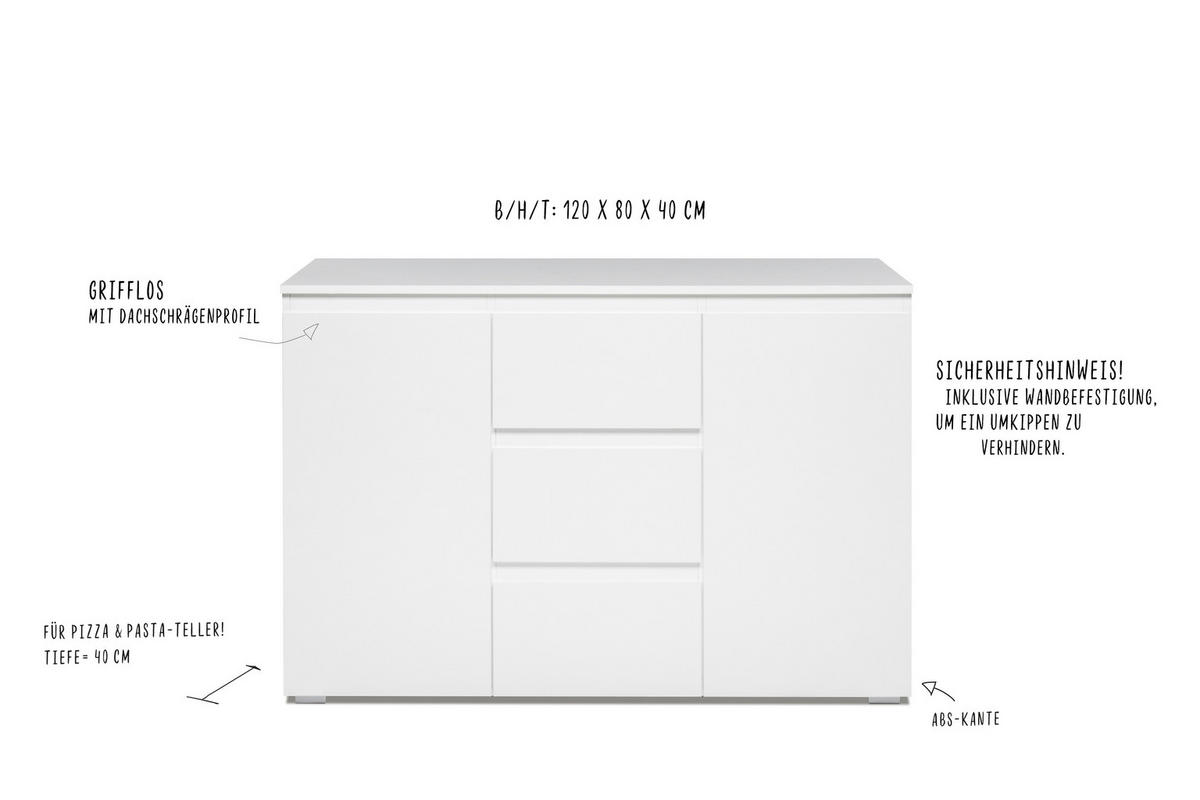 ŠIROKÁ KOMODA, biela, 120/80/40 cm - biela, Konventionell, kompozitné drevo (120/80/40cm) - Livetastic