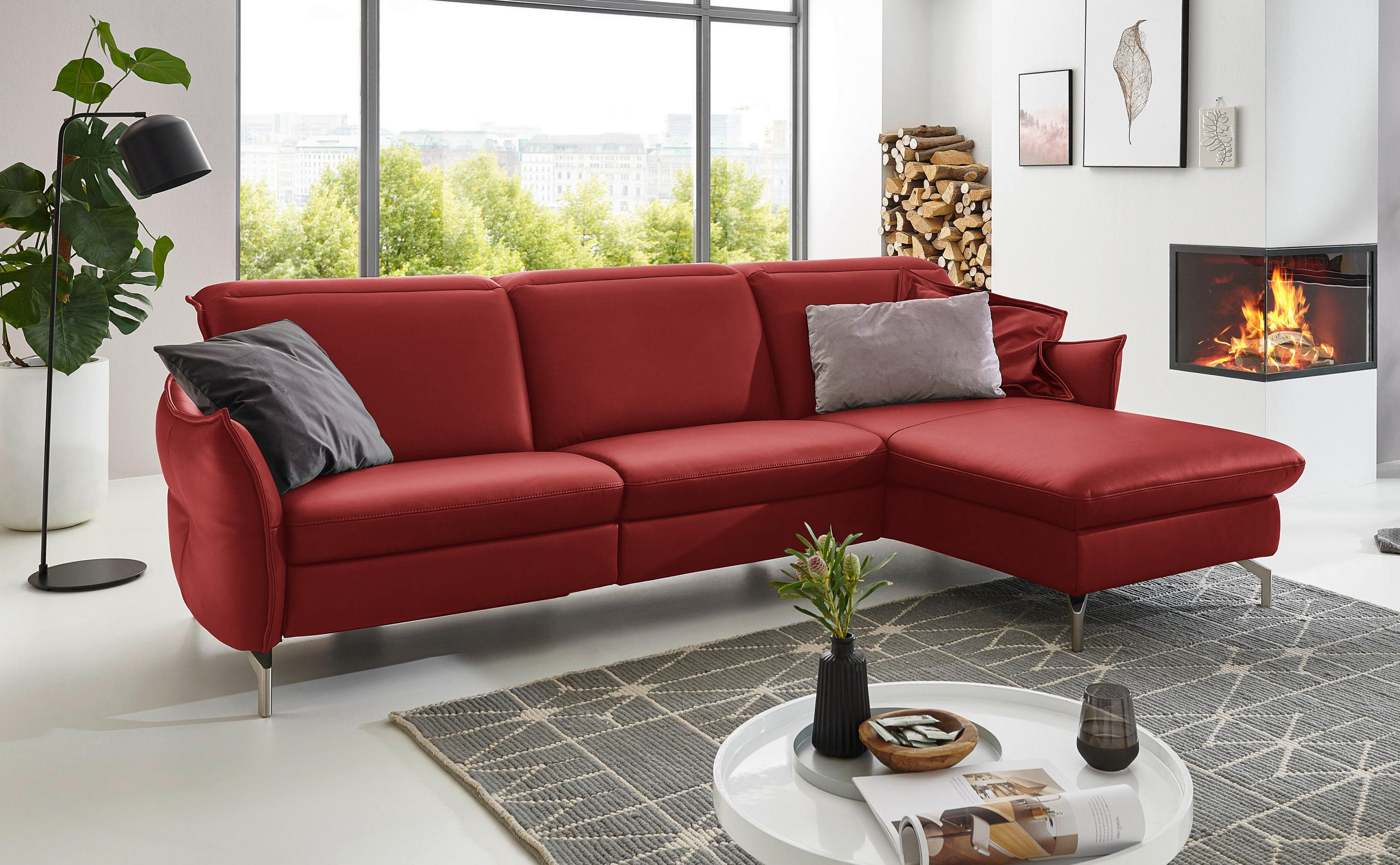 ECKSOFA Rot Echtleder  - Rot/Nickelfarben, MODERN, Leder/Metall (263/179cm) - Livetastic