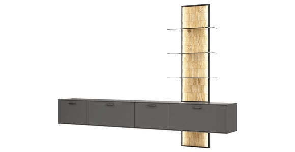 WOHNWAND 301/219/42,4 cm  in Grau, Eichefarben  - Schieferfarben/Eichefarben, Design, Glas/Holz (301/219/42,4cm) - Moderano