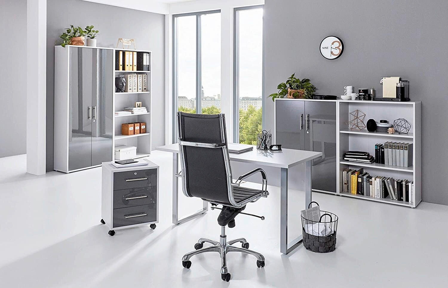 BÜRO erweiterbar, abschließbar Grau, Anthrazit Hochglanz - Anthrazit Hochglanz/Grau, MODERN, Holzwerkstoff/Metall - MID.YOU