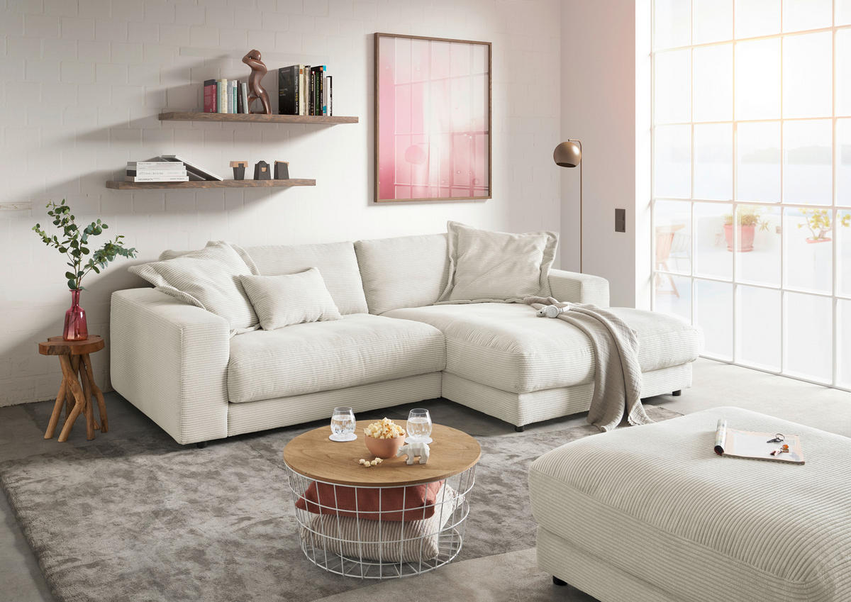 ECKSOFA in Cord Weiss  - Weiss/Schwarz, Design, Kunststoff/Textil (250/190cm) - Pure Home Lifestyle