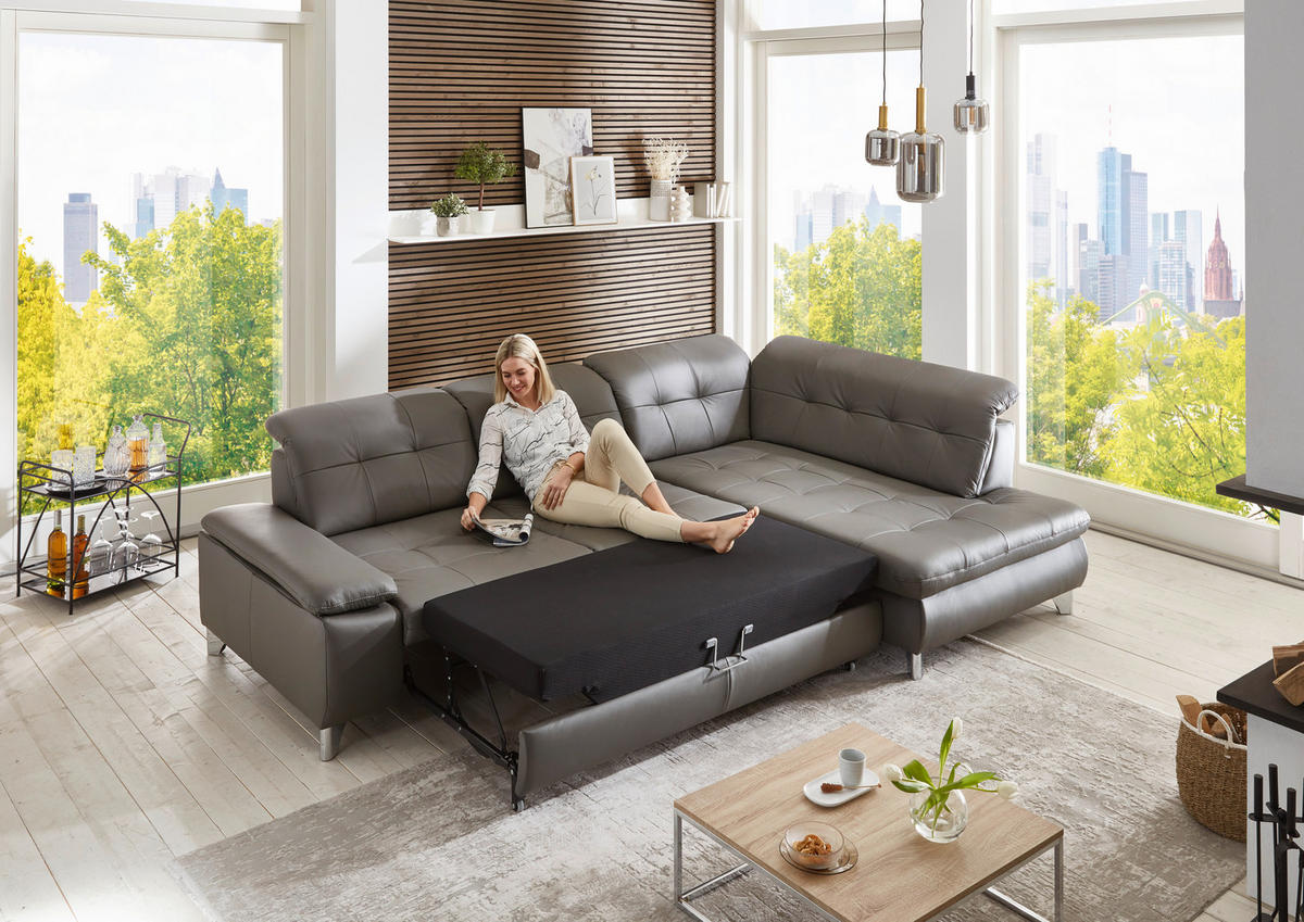 ECKSOFA in Echtleder Grau  - Alufarben/Grau, Design, Leder/Metall (309/211cm) - Beldomo Speed