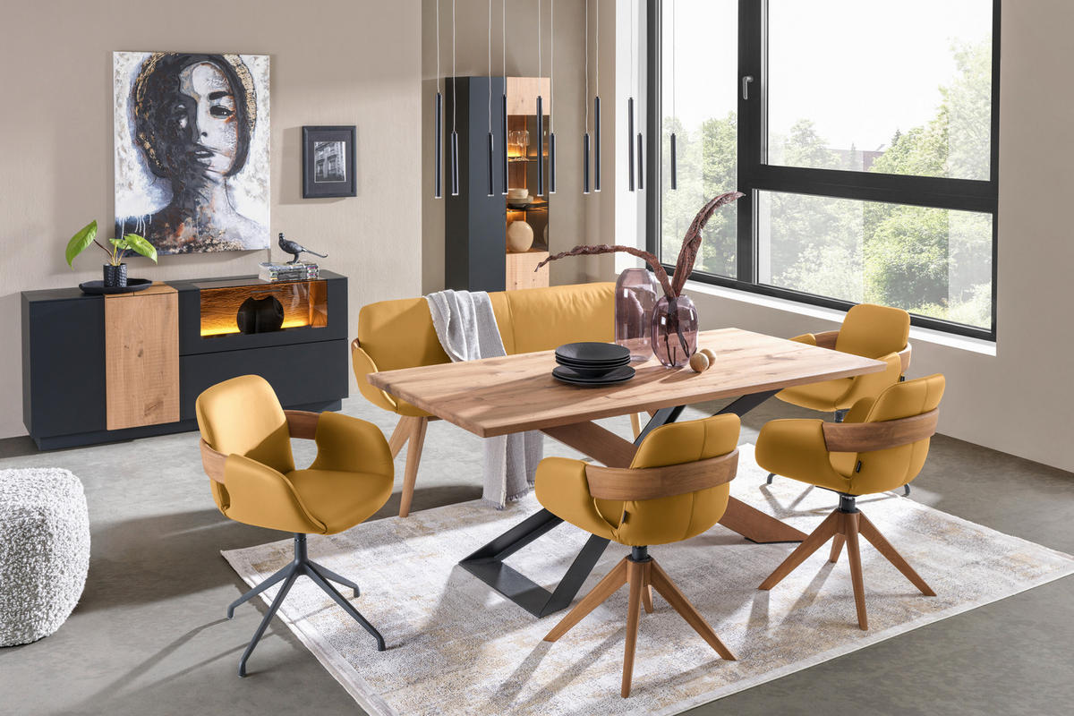 ARMLEHNSTUHL  Lederauswahl, Stoffauswahl, Typenauswahl, Sitzfläche 360° drehbar, automatische Rückholfunktion  Echtleder  - Currygelb/Eichefarben, Natur, Leder/Holz (60/86/60cm) - Valnatura