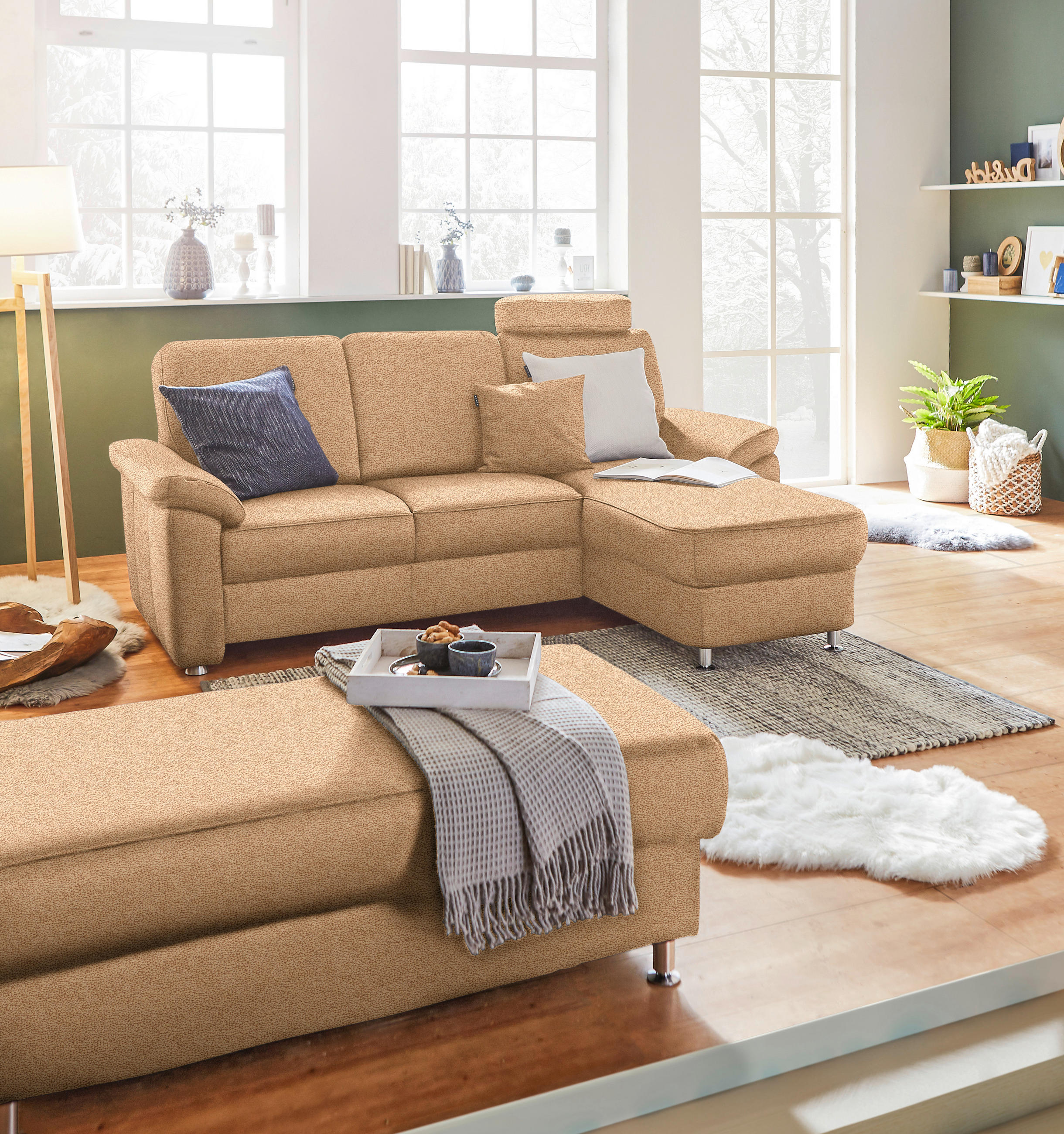 ECKSOFA in Webstoff Hellbraun  - Chromfarben/Hellbraun, Konventionell, Textil/Metall (220/163cm) - Beldomo System