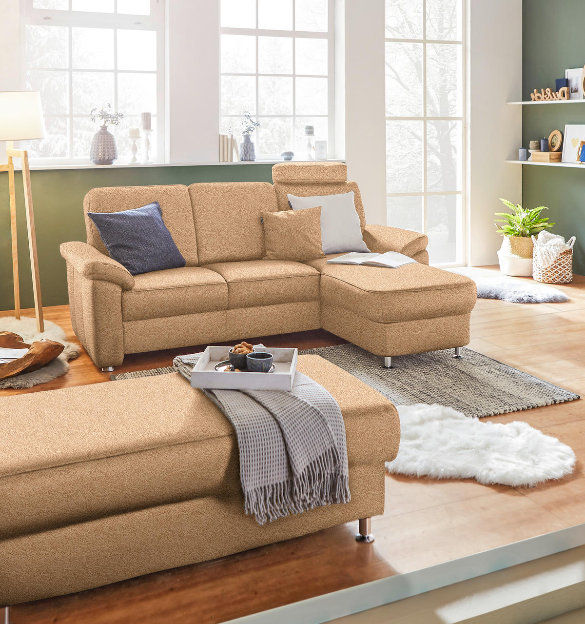 ECKSOFA in Webstoff Hellbraun  - Chromfarben/Hellbraun, Konventionell, Textil/Metall (220/163cm) - Beldomo System