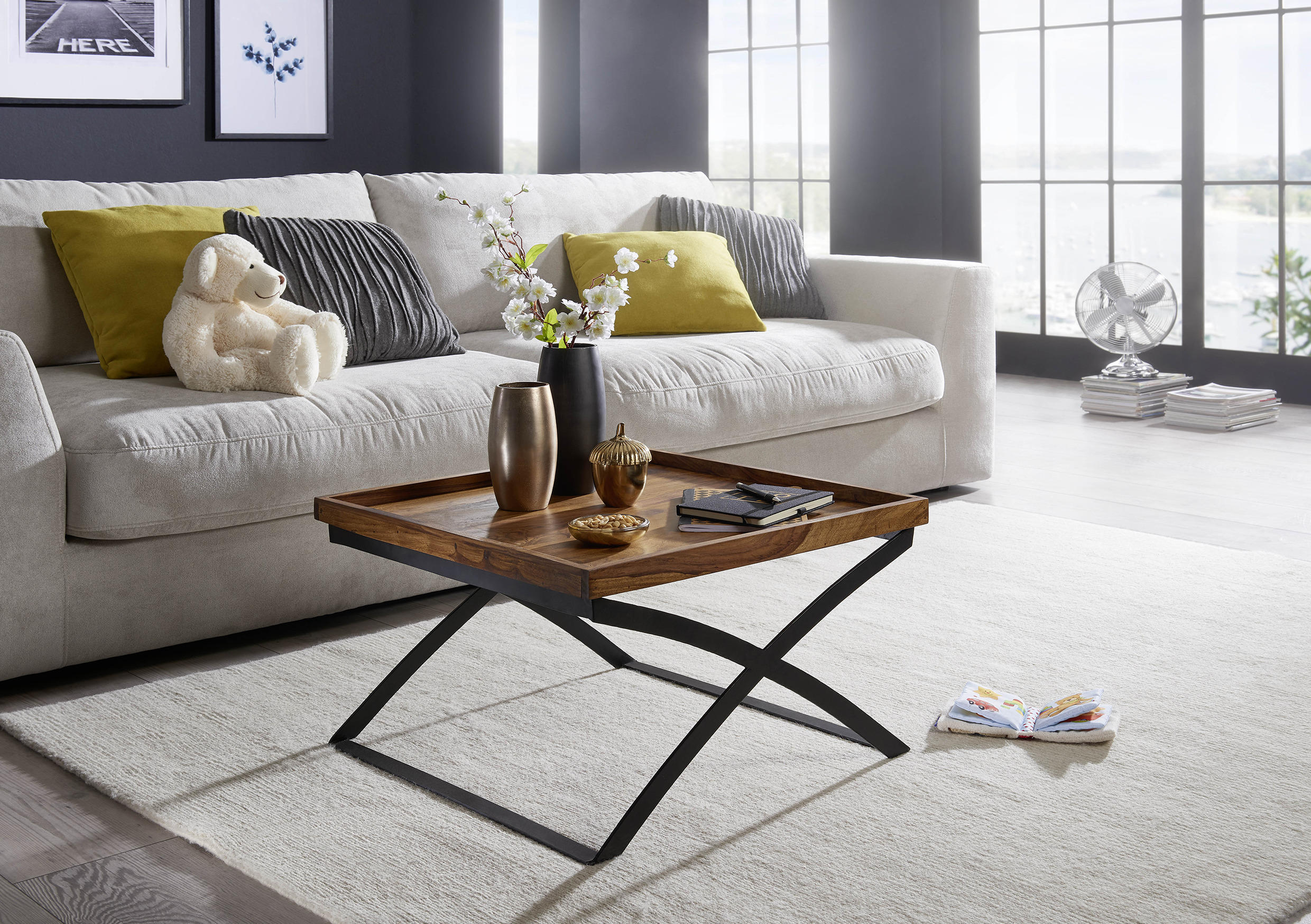 COUCHTISCH Sheesham massiv 63/63/39 cm quadratisch Sheeshamfarben  - Sheeshamfarben/Schwarz, Design, Holz/Metall (63/63/39cm) - MID.YOU