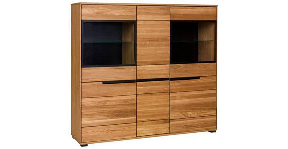 HIGHBOARD Eiche furniert, massiv Eichefarben Einlegeböden  - Eichefarben/Schwarz, Natur, Glas/Holz (163/147/41cm) - Carryhome