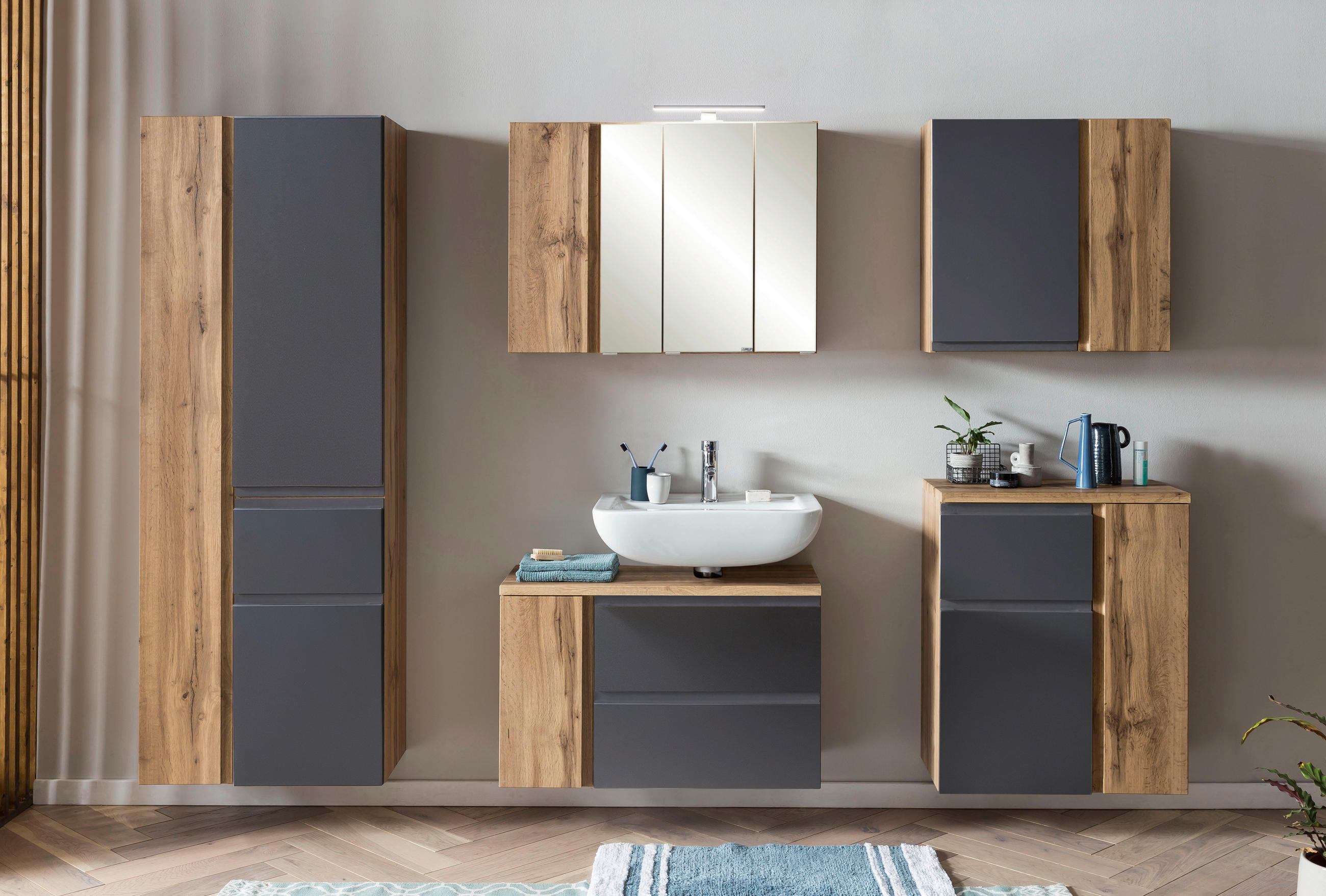 WASCHBECKENUNTERSCHRANK 85/56/35 cm  - Eiche Wotan/Grau, MODERN, Holzwerkstoff (85/56/35cm) - Held