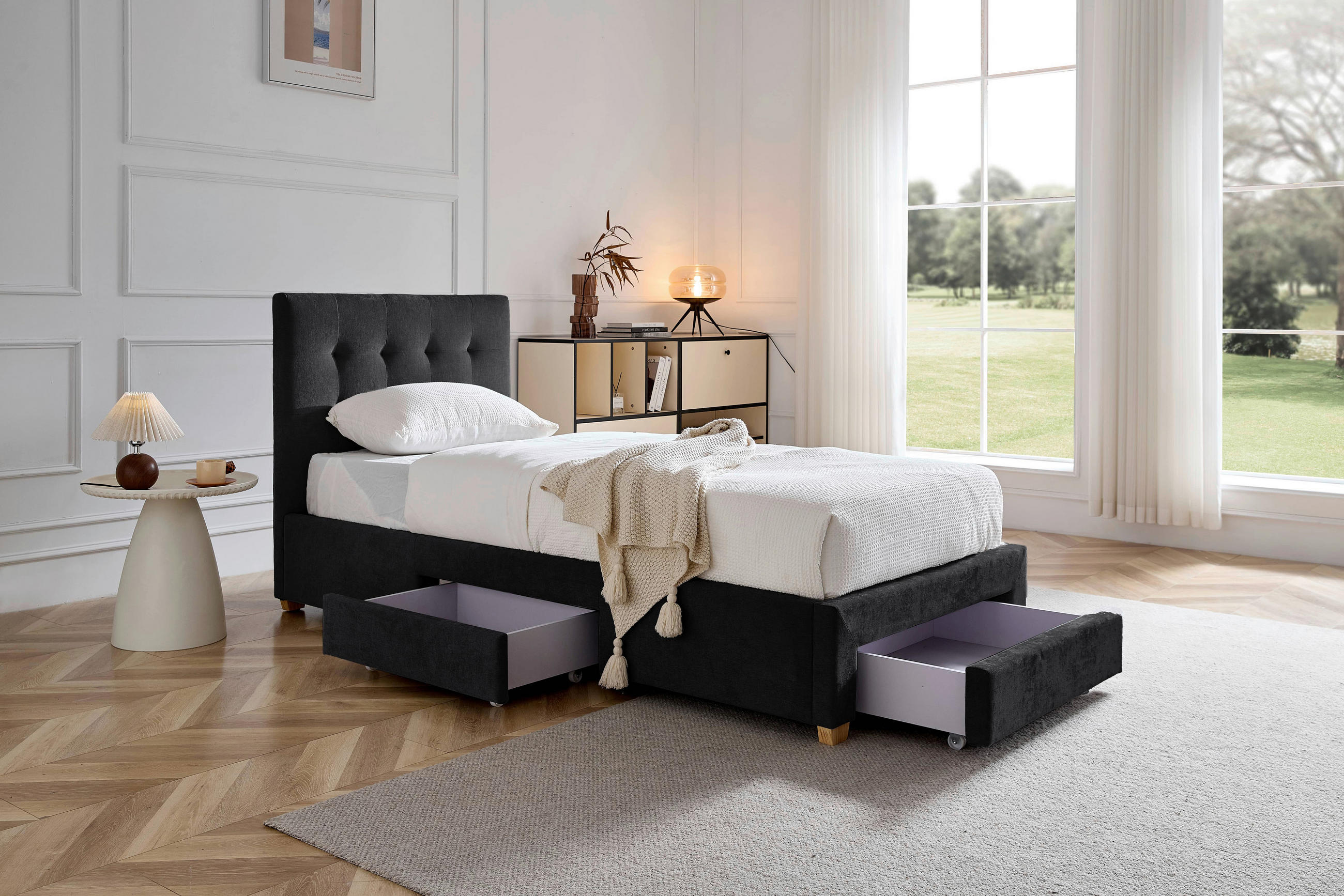 POLSTERBETT 90/200 cm, inkl. gepolstertes Kopfteil, Lattenrost, Bettschubladen,  in Dunkelgrau  - Dunkelgrau/Naturfarben, Design, Holz/Textil (90/200cm) - Boxxx