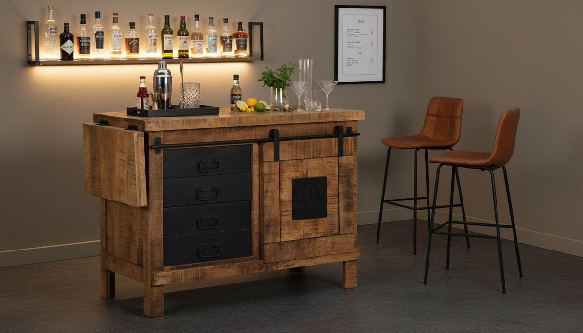 BARSCHRANK Mangoholz massiv Dunkelbraun  - Dunkelbraun/Schwarz, LIFESTYLE, Holz/Metall (135/76/50cm) - Landscape