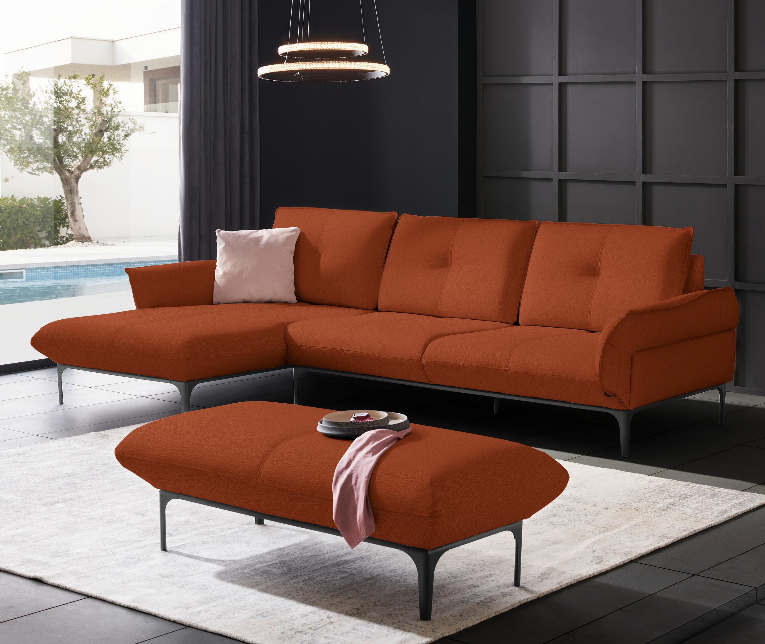 ECKSOFA in Echtleder Terracotta  - Terracotta/Schwarz, Design, Leder/Metall (182/325cm) - Valnatura