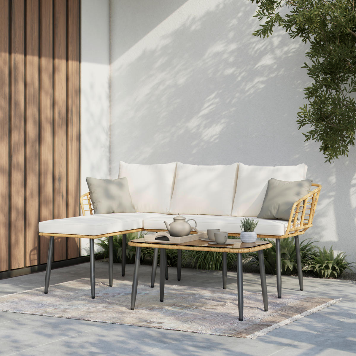 LOUNGEGARNITUR Eisen  - Beige/Naturfarben, MODERN, Glas/Kunststoff (187/67/65cm) - Ambia Garden