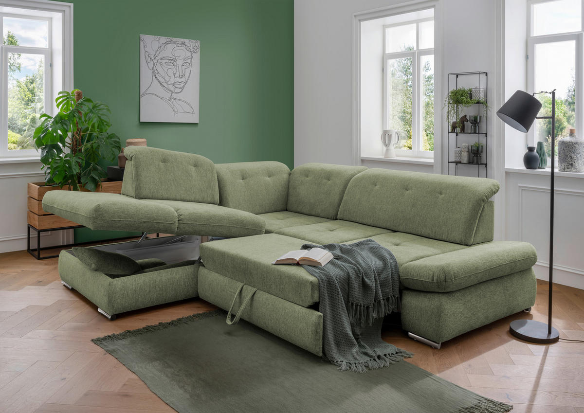 ECKSOFA in Chenille Grün  - Chromfarben/Grün, Design, Textil/Metall (254/280cm) - Livetastic