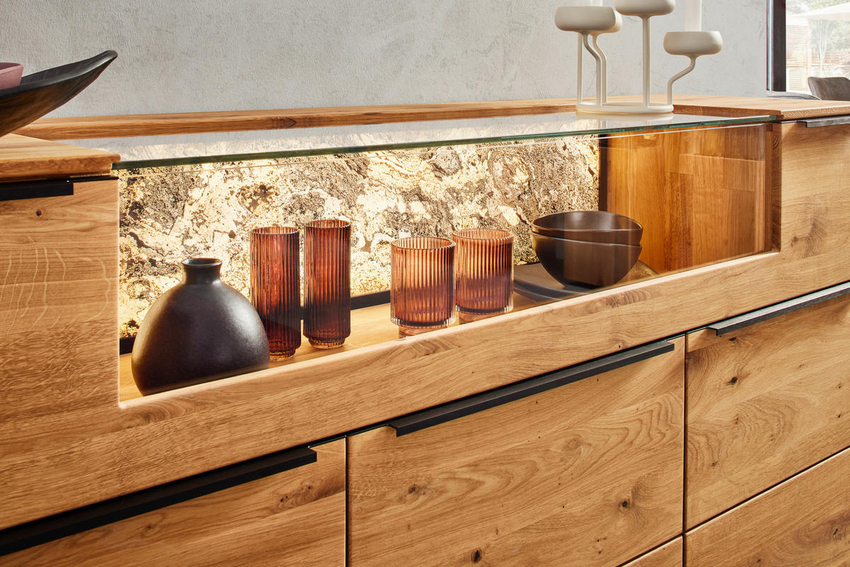 SIDEBOARD Eichefarben  180/90,5/47,1 cm  - Eichefarben/Schwarz, Natur, Glas/Holz (180/90,5/47,1cm) - Valnatura