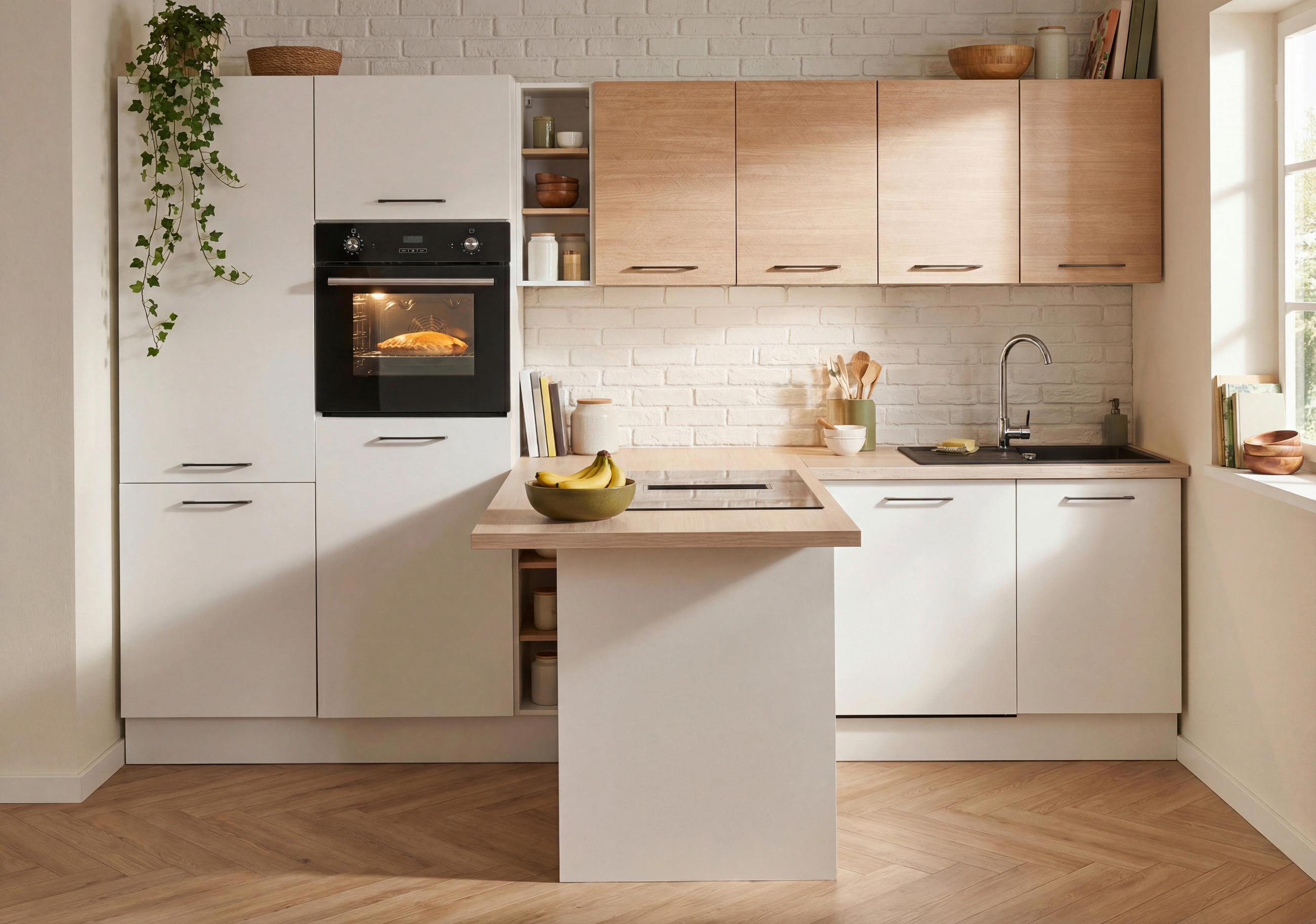ECKKÜCHE Girona  in Weiß, Eichefarben  - Eichefarben/Beige, Basics, Holzwerkstoff/Metall (325/184cm) - P & B