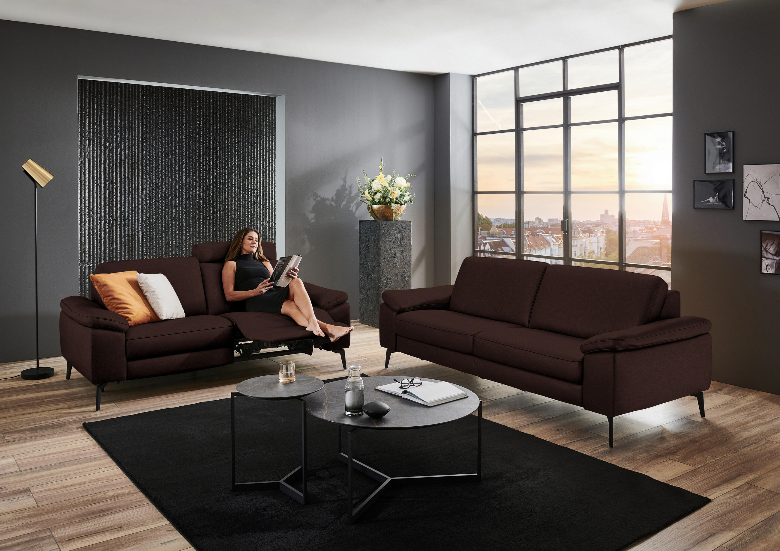 2,5-SITZER in Echtleder Braun  - Schwarz/Braun, Design, Leder/Metall (196/88/100cm) - Valdera