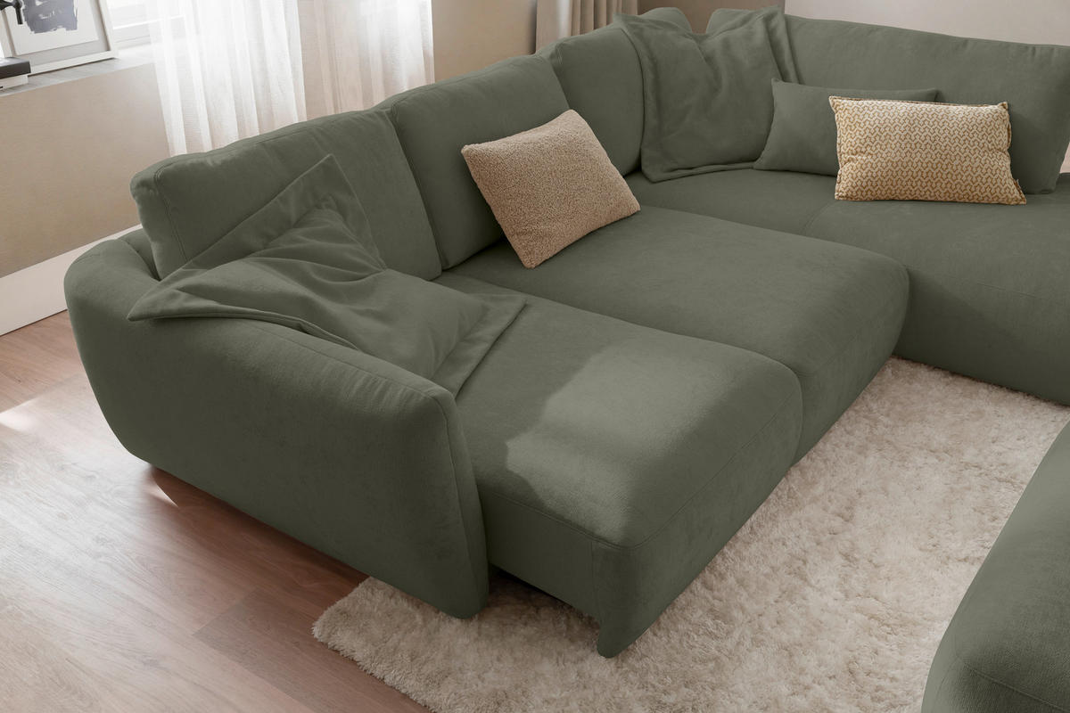 ECKSOFA Chenille Olivgrün  - Schwarz/Olivgrün, Konventionell, Kunststoff/Textil (307/224cm) - Hom`in