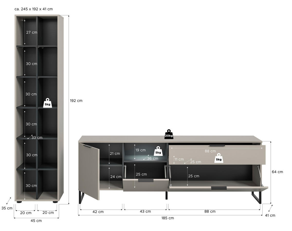 WOHNWAND 2-teilig  in Schwarz, Kaschmir  245/192/41 cm  - Kaschmir/Schwarz, Design, Holzwerkstoff/Kunststoff (245/192/41cm) - Livetastic