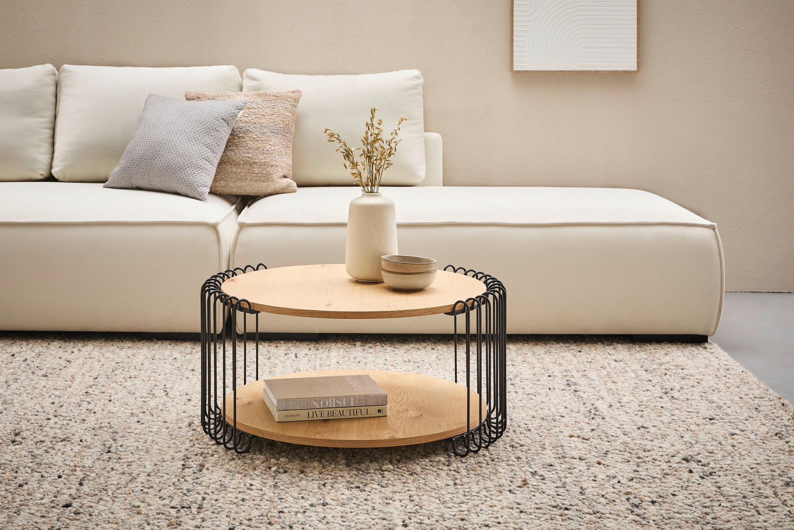 Thumbnail - Stylife Couchtisch, Schwarz, Eiche, Holz, Metall, Holzwerkstoff, Eiche, furniert, rund, Gittergestell, 80x38x80 cm, Stau...