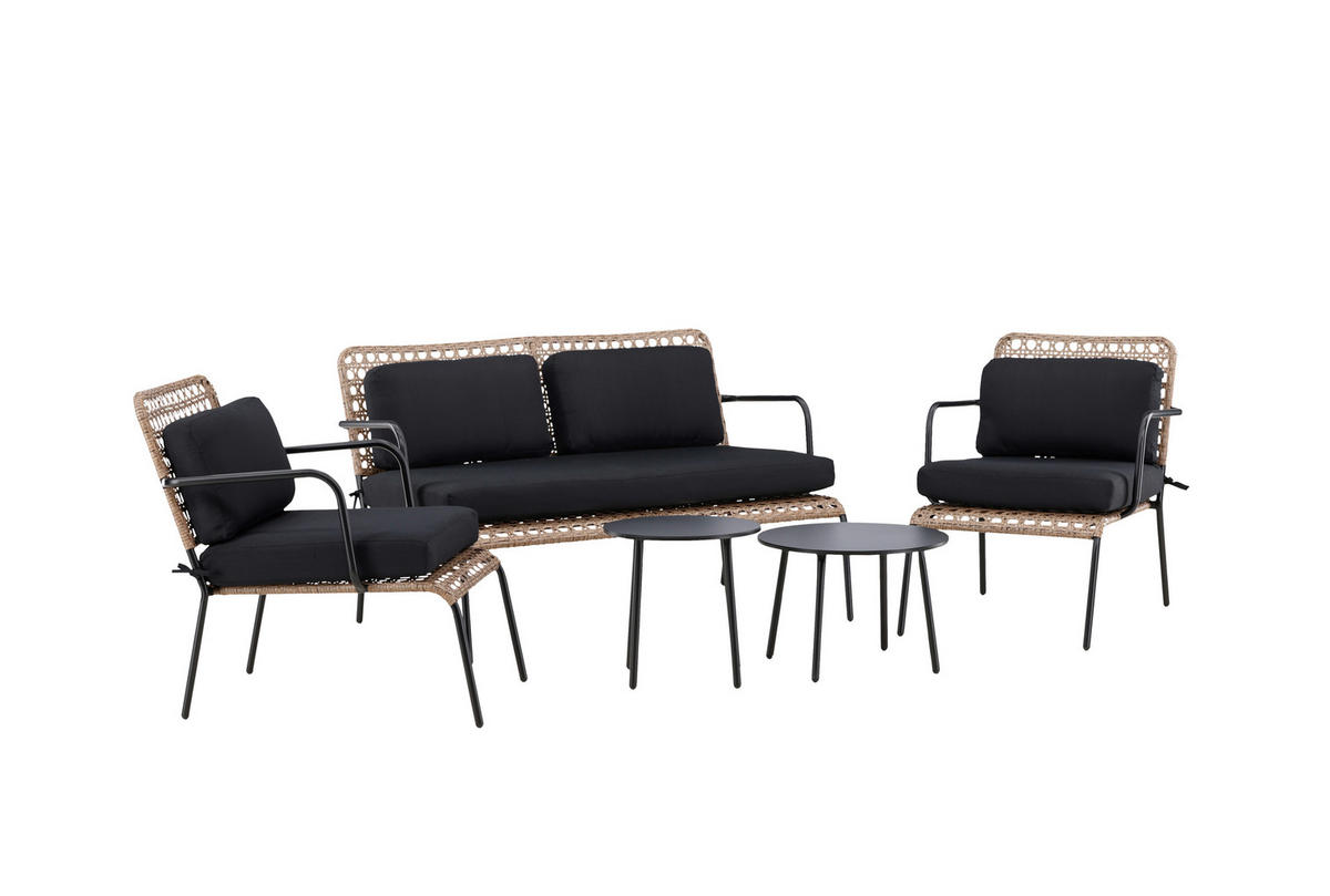 LOUNGEGARNITUR   Rattan Stahl  - Dunkelgrau/Schwarz, KONVENTIONELL, Naturmaterialien/Holz - Gardenson
