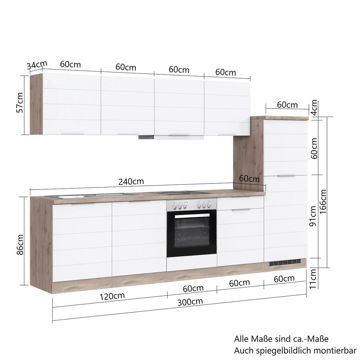 KÜCHENLEERBLOCK 300 cm   in Weiss, Eiche Wotan  - Weiss/Eiche Wotan, Design, Holzwerkstoff/Metall (300cm) - Held