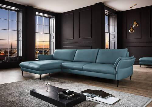 ECKSOFA Blau Echtleder  - Blau/Schwarz, Design, Leder/Metall (172/334cm) - Hukla