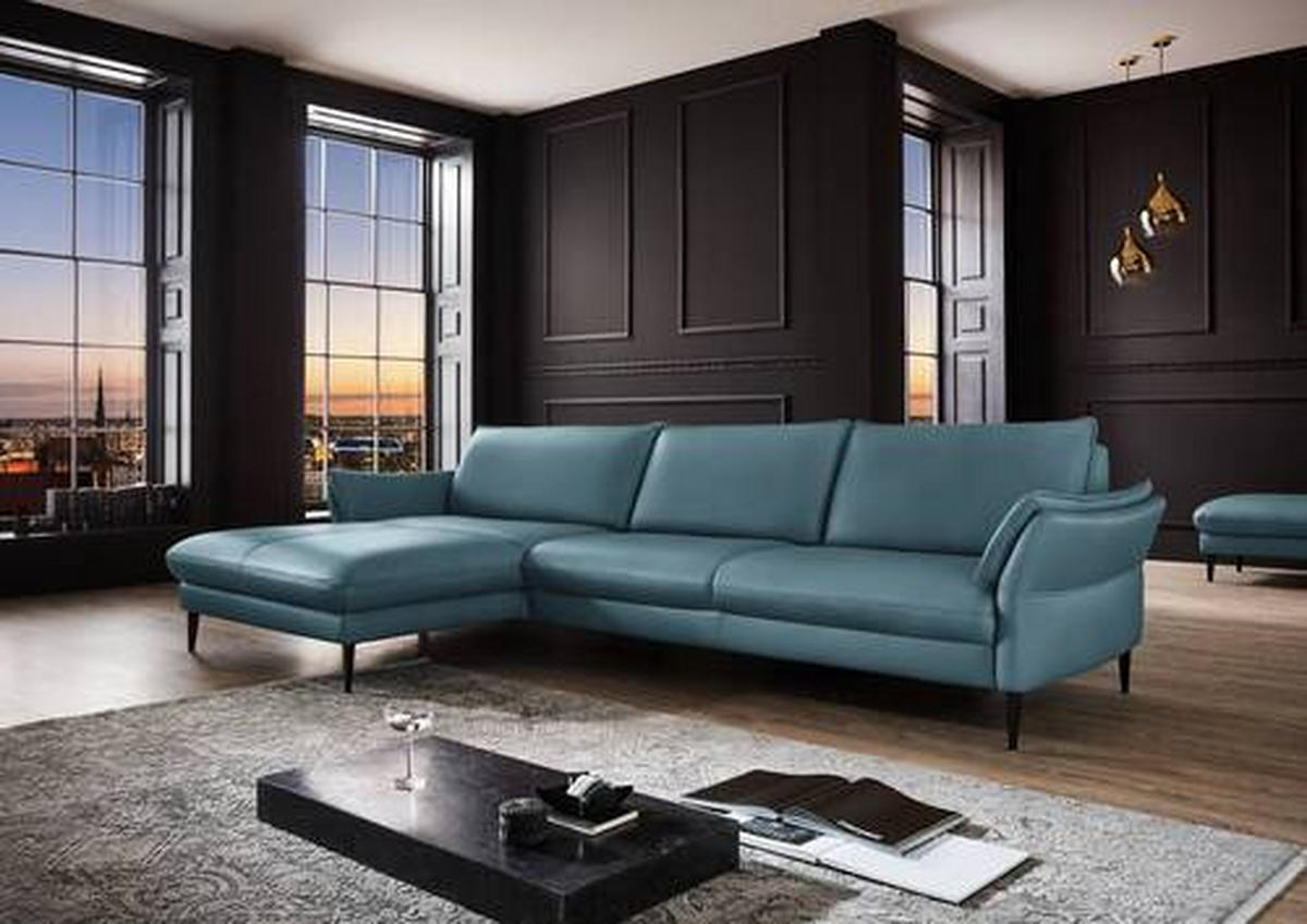 ECKSOFA Blau Echtleder  - Blau/Schwarz, Design, Leder/Metall (172/334cm) - Hukla