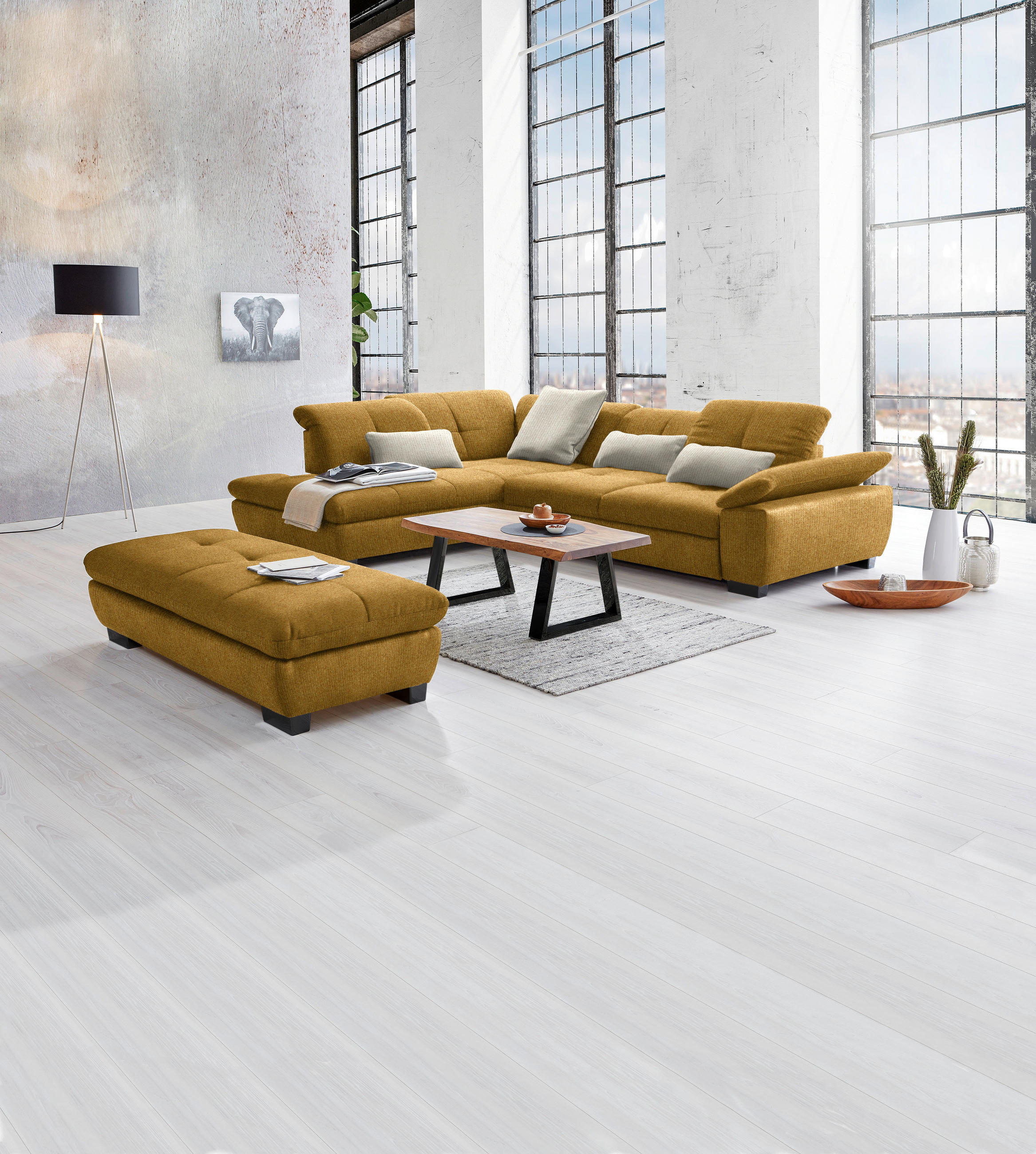 ECKSOFA in Flachgewebe Currygelb  - Currygelb/Schwarz, Design, Textil/Metall (242/313cm) - Xora