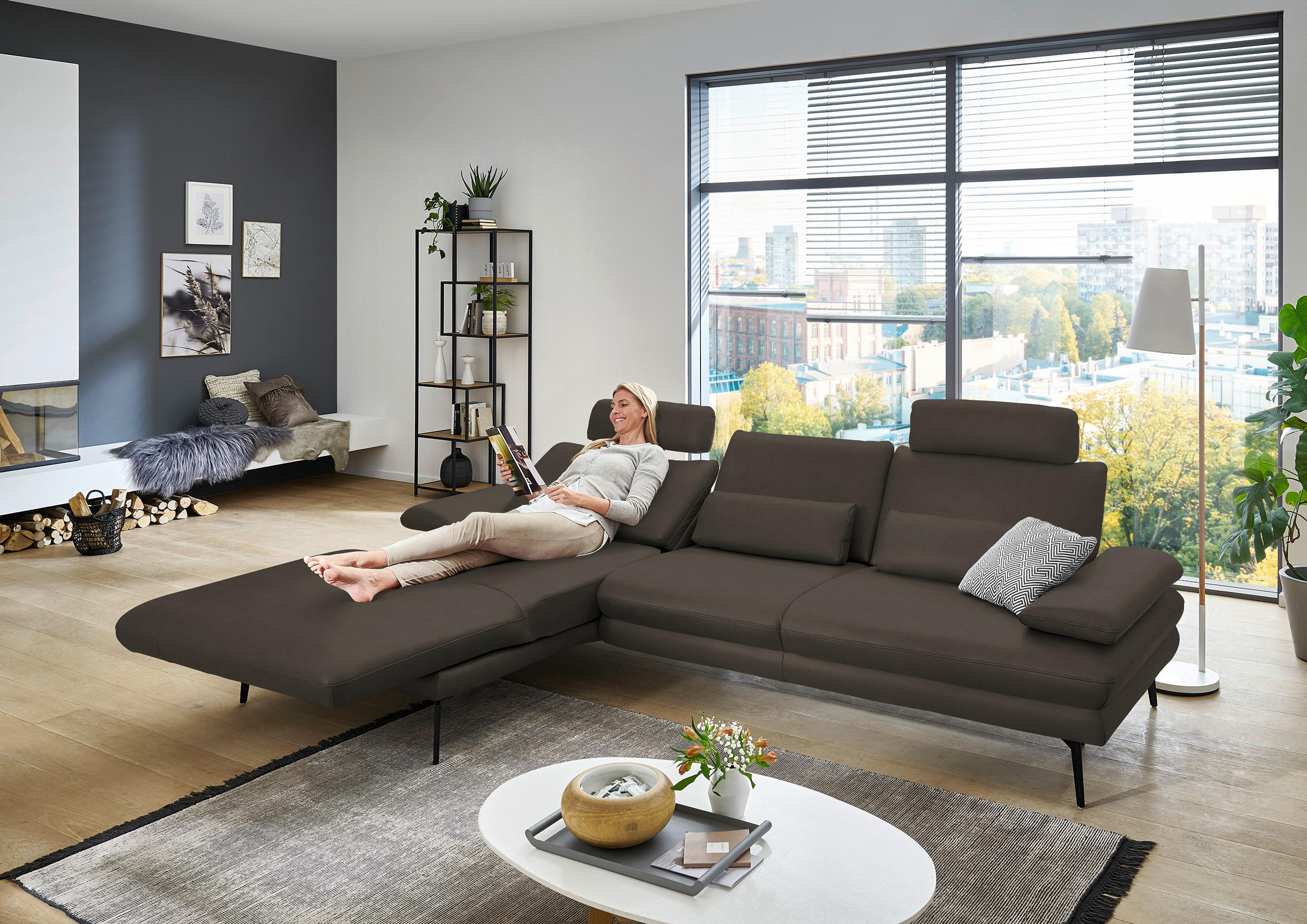 ECKSOFA in Echtleder Graubraun  - Graubraun/Schwarz, Design, Leder/Metall (180/310cm) - Dieter Knoll
