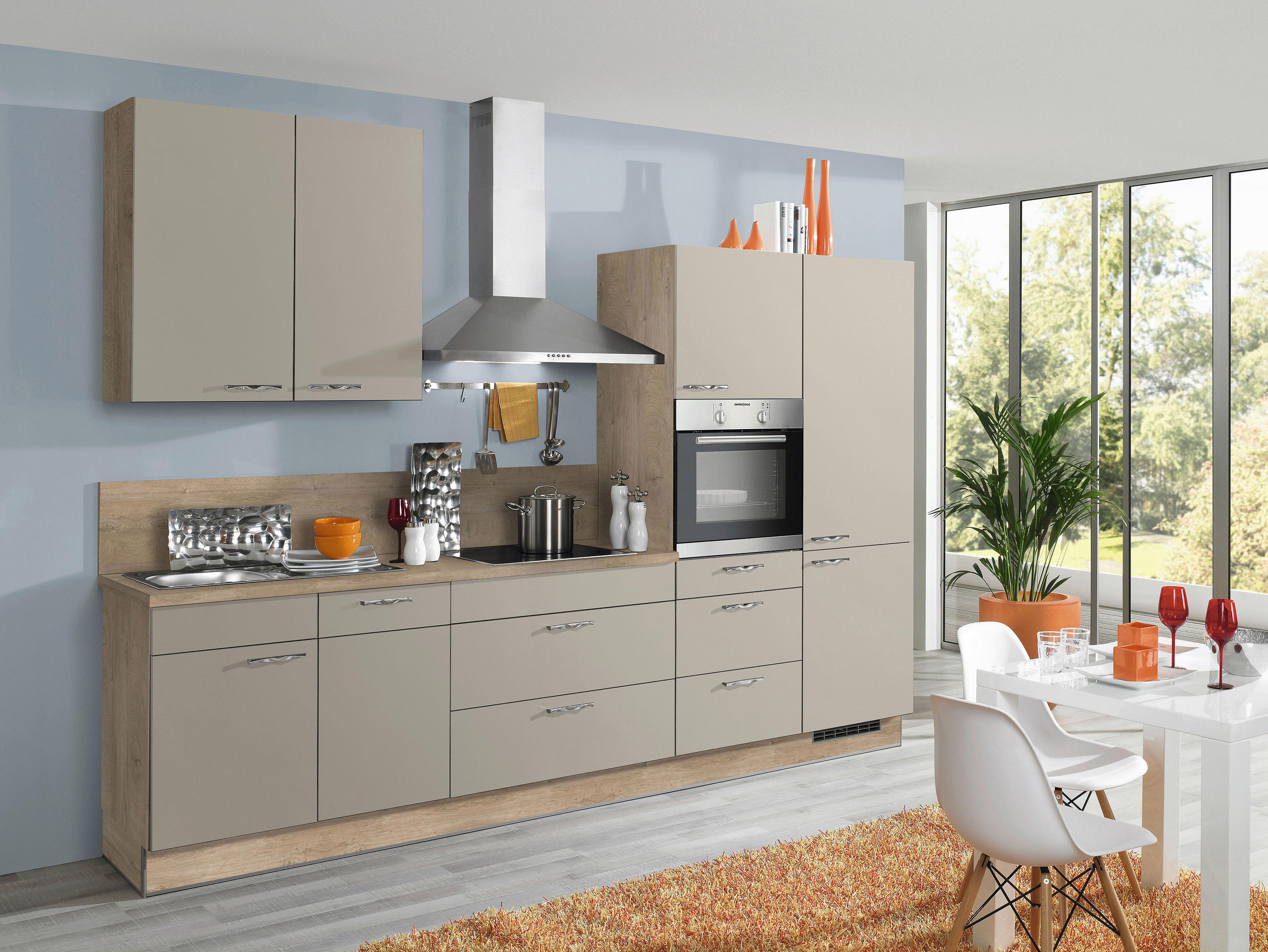 KÜCHENLEERBLOCK 305 cm   in Eichefarben, Beige  - Edelstahlfarben/Eichefarben, KONVENTIONELL, Holzwerkstoff/Metall (305cm) - Burger