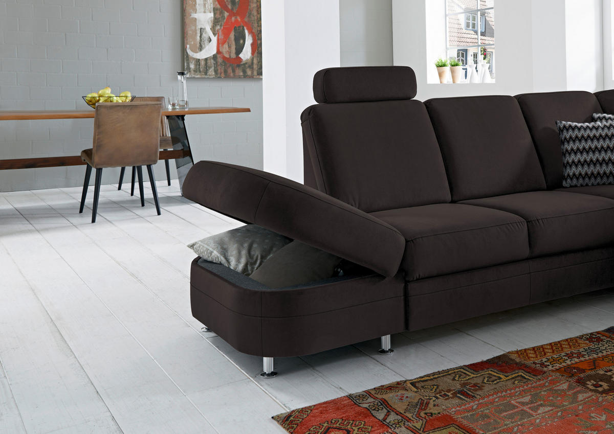 ECKSOFA in Flachgewebe Dunkelbraun  - Dunkelbraun/Alufarben, Konventionell, Textil/Metall (287/269cm) - Beldomo System