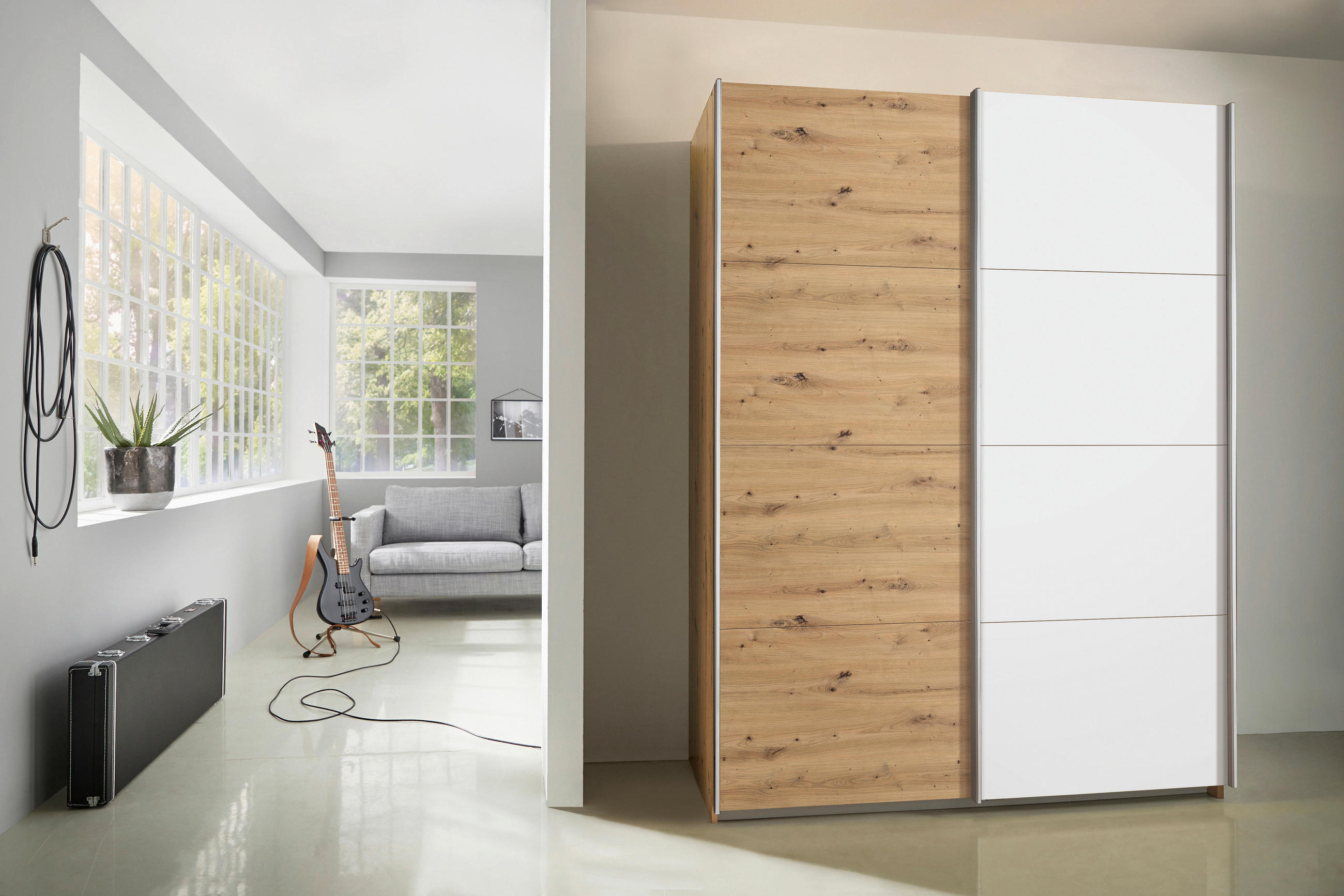 SCHWEBETÜRENSCHRANK 136/197/61 cm 2-türig Weiß, Eiche Artisan - Alufarben/Weiß, MODERN, Holzwerkstoff/Metall (136/197/61cm) - Rauch Möbel
