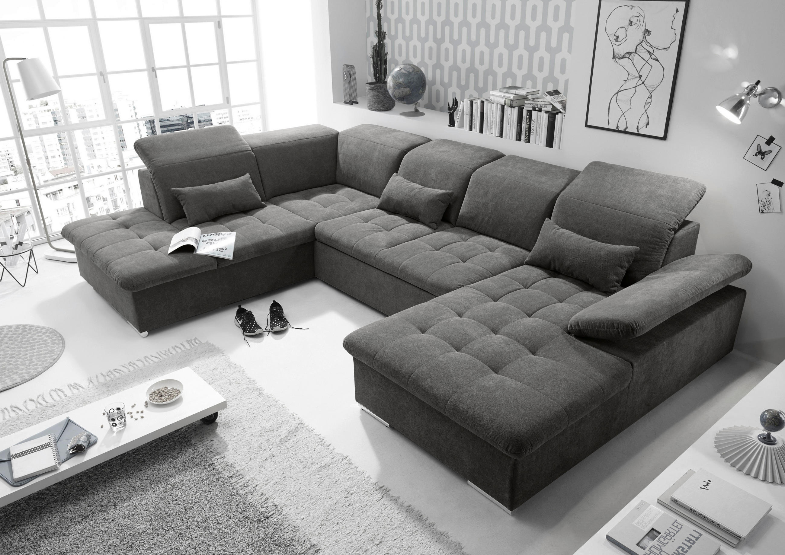 WOHNLANDSCHAFT Dunkelgrau Mikrovelours  - Dunkelgrau/Silberfarben, KONVENTIONELL, Kunststoff/Textil (240/340/188cm) - MID.YOU