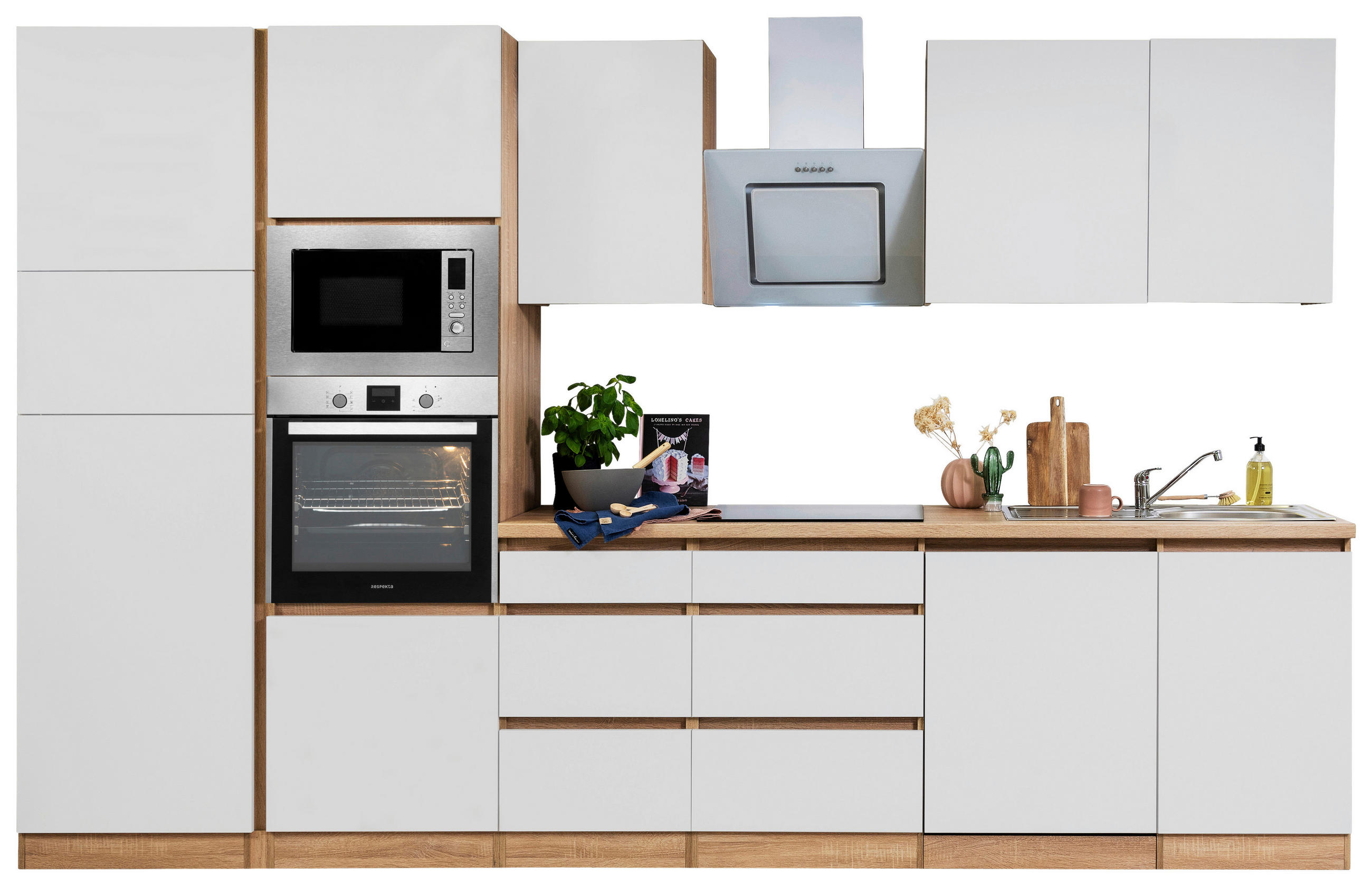 KÜCHENBLOCK 345 cm in Weiß - Eichefarben/Weiß, Basics, Holzwerkstoff (345cm) - Respekta